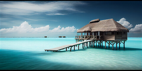 Wooden overwater bungalow in a turquoise sea, idyllic beach vacation paradise, generative AI