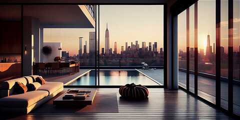 Luxury penthouse terrace with a swimming pool overlooking New York, generative AI - obrazy, fototapety, plakaty