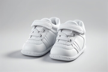 A pair of white stylish baby sneakers on white background. Generative AI