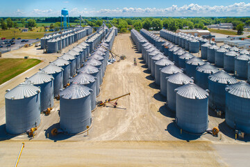Aerial View of Massive midwestern grain storage bin facility.