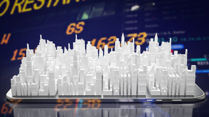 The city on mobile on chart background for business concept 3d rendering