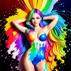 a cheerful girl with a rainbow wave, multicolored hair and background, generated in AI