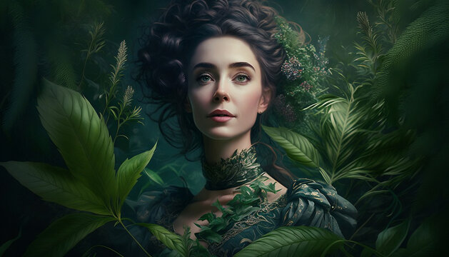 portrait of a beautiful woman in the forest, created by AI