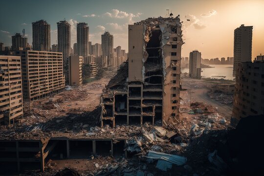 Buildings that have been destroyed and Beirut's port as a result of the explosion in Lebanon on August 4. Generative AI