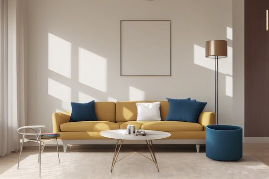 Bright Mid Century Living Room Interior with Blank Photo Frame Mockup and Yellow Couch Made with Generative AI