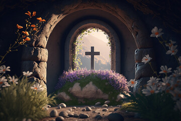 Cross at sunrise in a tomb overlooking a field and surrounded by flowers