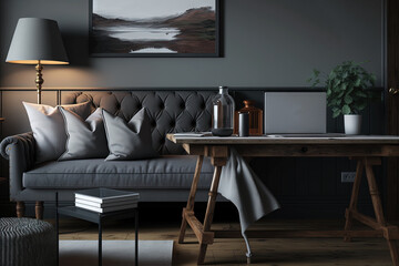 desk of gray color and sofa. Generative AI