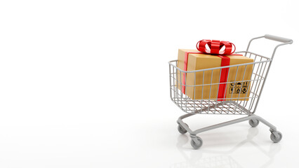 Carton box with a red ribbon bow in shopping cart, e-commerce symbol, 3D rendering