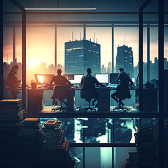 Modern Office Corporate Setting Co Workers Executives at desk near window, City View, High Rise, Corporation, Air Traffic Control, Cityscape, Business, Men - obrazy, fototapety, plakaty
