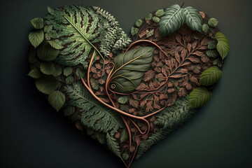 beautiful heart made entirely of lush green leaves, symbolizing nature's love and compassion, generative ai