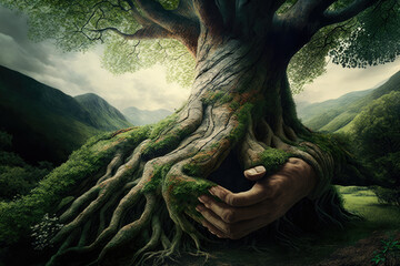 breathtaking hand grasping a giant tree trunk growing tall in the midst of a stunning green wilderness, generative ai