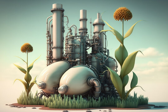 biofuel plant with pipes, tanks and smokestacks, generative ai