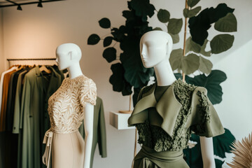eco-friendly fashion boutique with an interior made of recycled materials, and mannequins wearing sustainable and ethically sourced clothes., generative ai