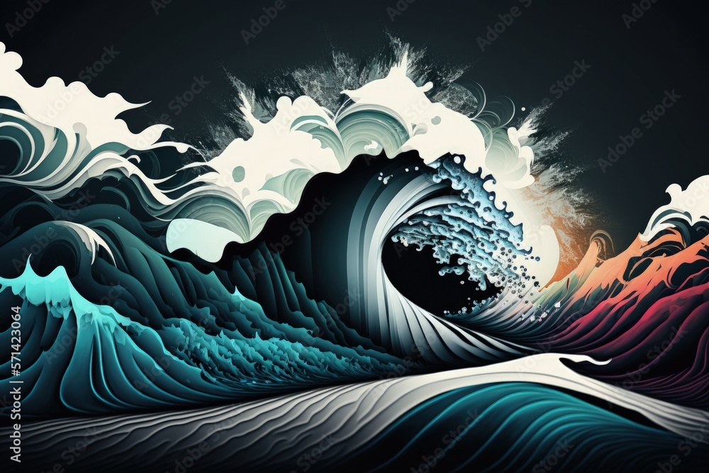 Poster waves in the background are abstract. generative ai