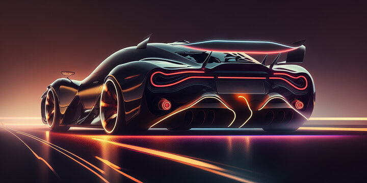 a black luxury futuristic sports car is seen from behind as it travels down a neon road in the dark with copy space. Generative AI