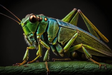 a large, vibrant grasshopper in green. A profile of a cricket with wings and antennae. Nature, amazing animals, and invertebrates. macro shots of insects with numerous legs. Generative AI