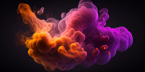 Fototapeta premium Bubbly pink and orange multicolored smoke puff cloud design, dark background - Generative AI