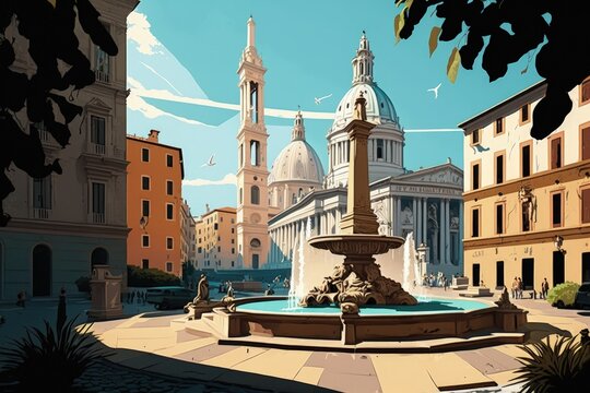 Urban view of Rome, Italy, including the Sant'Agnese in Agone cathedral in the distance and the Fountain of the Four Rivers (Fontana dei Quattro Fiumi) and an Egyptian obelisk in Navon Square (Piazza