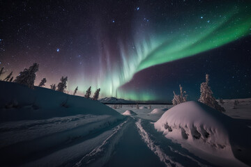 Night sky with stars and northern lights over a snow-covered landscape to showcase the beauty of natural phenomena, generative ai