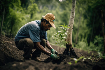 person planting trees in a deforested area, symbolizing a reforestation project for a better tomorrow., generative ai - obrazy, fototapety, plakaty