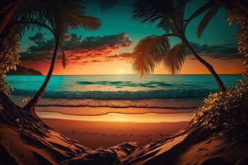 Romantic beach with palm trees, golden sand, turquoise water and a beautiful sunset, generative ai