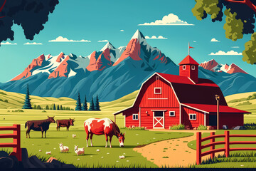 Rural farm with a red barn, green meadows, cows and chickens, surrounded by mountains and blue sky, generative ai