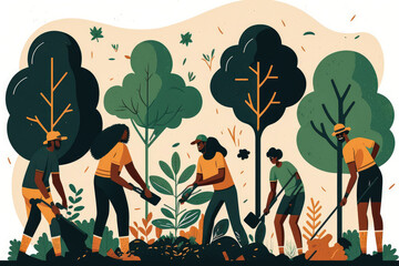 team of diverse volunteers planting trees and cleaning up trash in a park to save the environment, generative ai