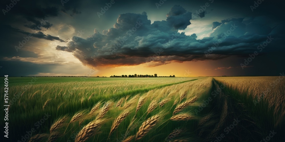 Poster wheat field in its unripe state, with clouds in the summer sunset sky. pay attention to the front. t