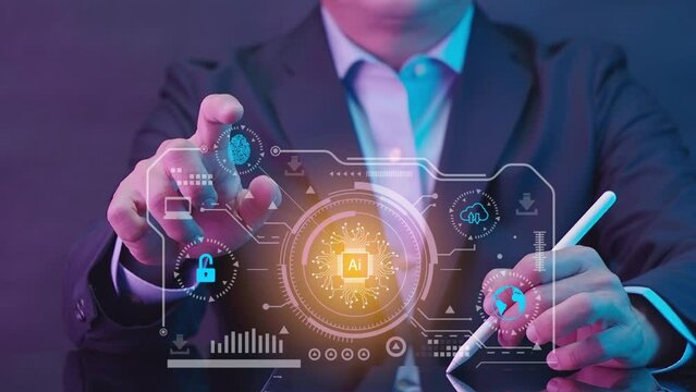 Businessman finger touching virtual screen HUD of Ai conputer interface to manage business processes through various icons, and artificial intelligence machine learning and technology concepts.