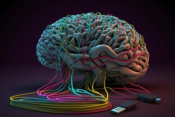 Human brain connected to a computer with wires. Cyber brain. Generative art.