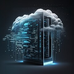 Storage of information on a cloud server. Cloud computing technology concept. Futuristic illustration. Generative art.