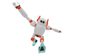 Cute robot with hand up and jumping in the air white background. Technology concept. 3d rendering