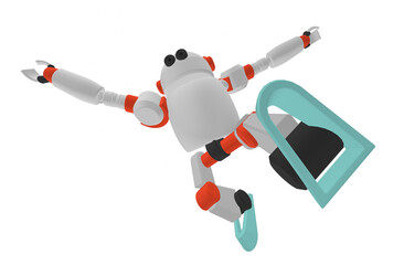 Cute robot with hand up and jumping in the air white background. Technology concept. 3d rendering