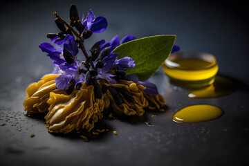 Obraz na płótnie Canvas Homemade and tasty fried lilac flower in sunflower oil photography made with Generative AI