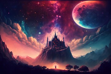 castle with outer space in sky created using AI Generative Technology