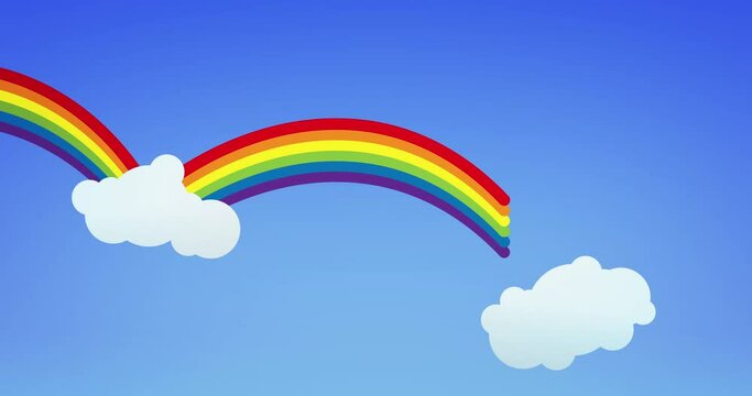 Animation of rainbows and white clouds on blue background
