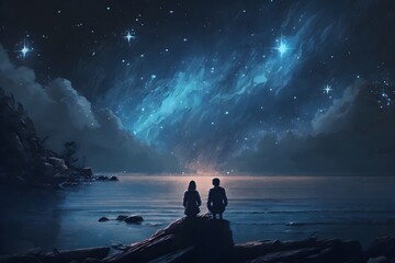 Fototapeta premium couple standing on beach night created using AI Generative Technology
