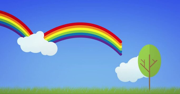 Animation of rainbows and white clouds on blue background