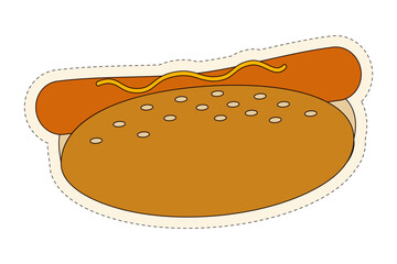 Appetizing hot dog with sausage and mustard in a sesame bun. Fast food. Street food. Sticker