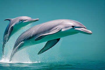 two dolphins jump over ocean waves, generative AI
