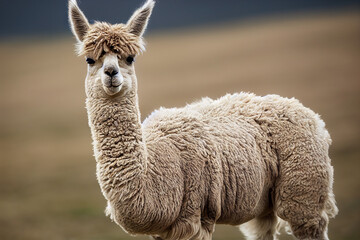 Obraz premium alpaca stands on a green meadow among green nature, generative AI