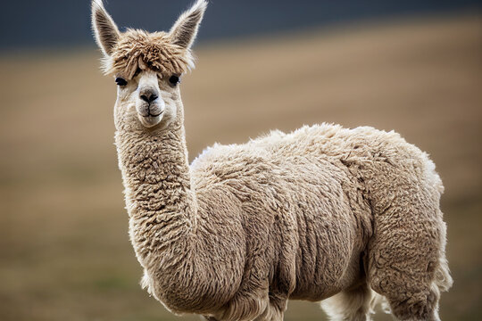 alpaca stands on a green meadow among green nature, generative AI