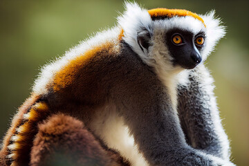portrait of a lemur against the background of green nature in the jungle, generative AI