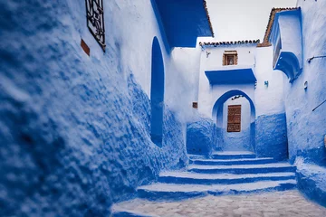 Papier Peint photo Maroc Chefchaouen the blue city in Morocco with blue buildings and blue stairs, generative AI