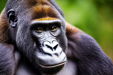 Obraz premium portrait of a gorilla against the background of green nature, generative AI