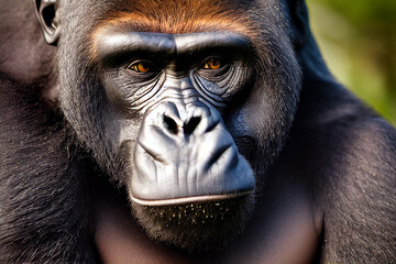 portrait of a gorilla against the background of green nature, generative AI