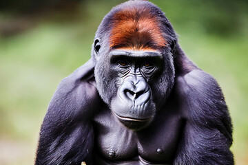 Obraz premium portrait of a gorilla against the background of green nature, generative AI