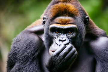 Obraz premium gorilla picking his nose in the jungle, generative AI