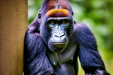 Fototapeta premium portrait of a gorilla against the background of green nature, generative AI