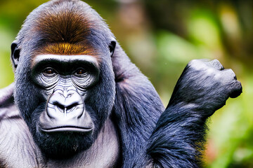 Obraz premium portrait of a gorilla against the background of green nature, generative AI